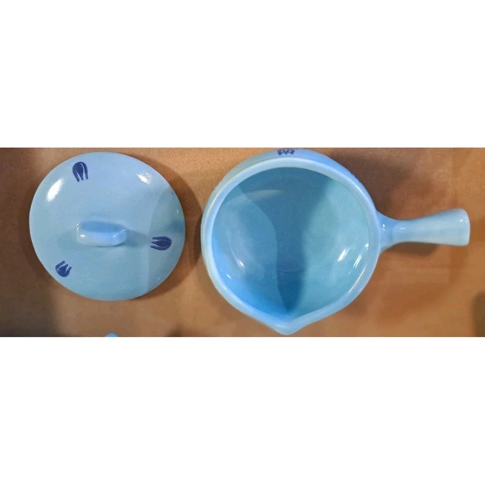 Lot Of 4 Vtg MCM Cronin Blue Tulip Mini Soup/Pot w Lid/Handle Dutch Ovenware USA